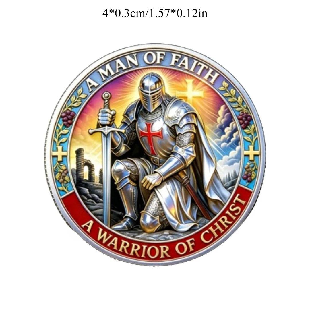 A commemorative coin featuring a warrior figure with a sword and cross design, surrounded by laurels and text.