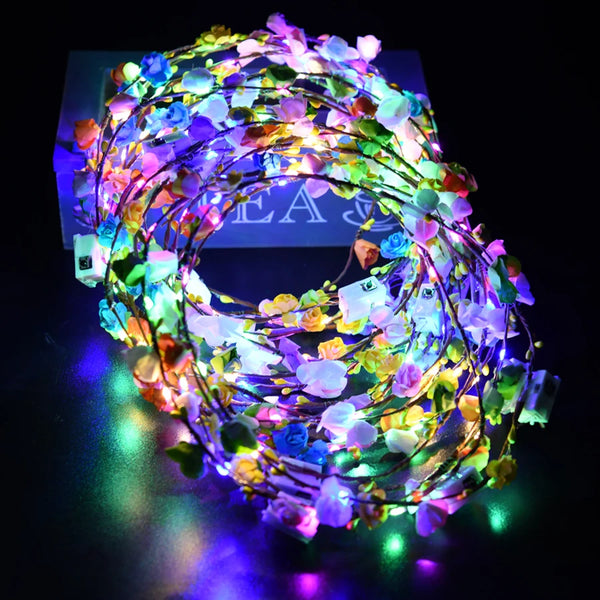 A glowing flower wreath headband made of many small LED lights in various colors.