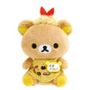 A cute brown bear plush toy with a red bow and a yellow bag pendant.