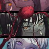 Anime style illustration of a character with red hair and glowing eyes, featuring dark shadows and vibrant colors.