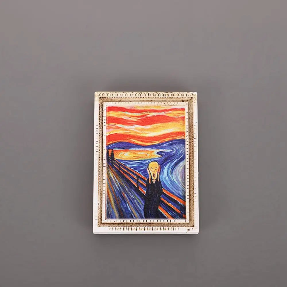 A framed painting featuring a vibrant sunset landscape with a figure in the foreground.