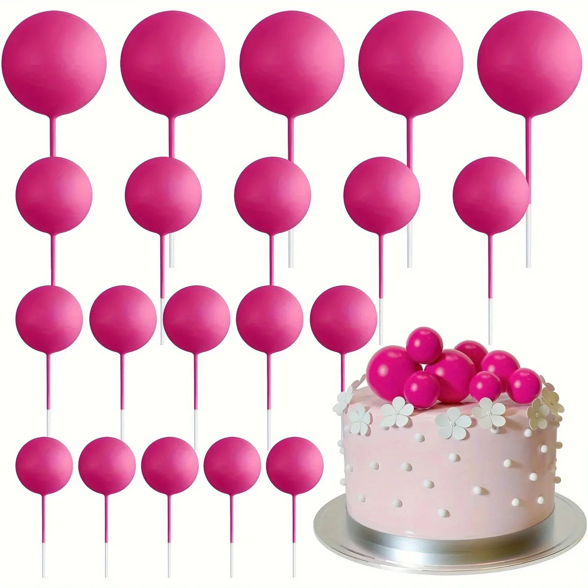 A pack of twenty pink foam ball cake toppers on pink sticks for party decorations