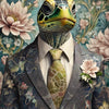 A portrait of a leopard duck wearing a suit jacket with floral patterns against a floral background.