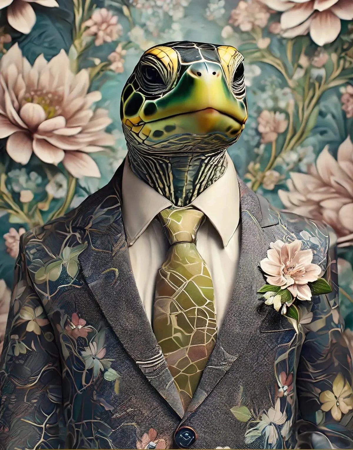 A portrait of a leopard duck wearing a suit jacket with floral patterns against a floral background.