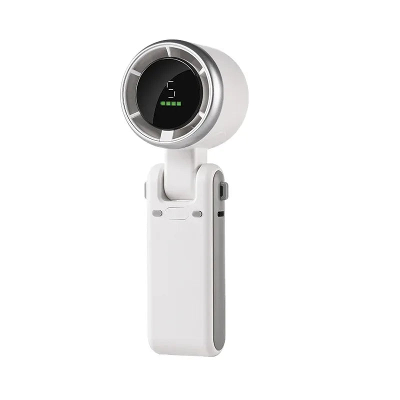 A white foldable mini handheld fan with a circular display and charging port.