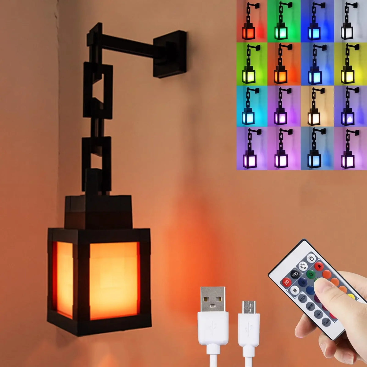 A black pixel lantern night light fixture mounted on a wall, with an illuminated square and a grid of multi-colored lights.