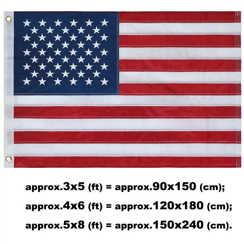 Durable embroidered American flag featuring red and white stripes and blue stars with brass grommets
