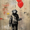 A black monkey figure stands against a textured wall with red paint splatters and two bright red balloons.