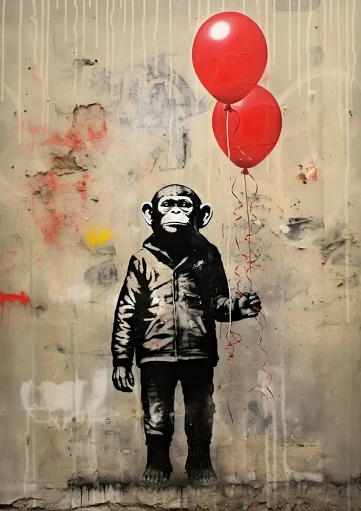A black monkey figure stands against a textured wall with red paint splatters and two bright red balloons.