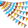 A pennant banner featuring triangles in brown, yellow, and blue with cloud and leopard print patterns.