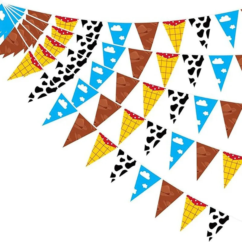 A pennant banner featuring triangles in brown, yellow, and blue with cloud and leopard print patterns.