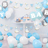 A banner featuring a light blue and white goose design with bowknot garlands for a baby celebration