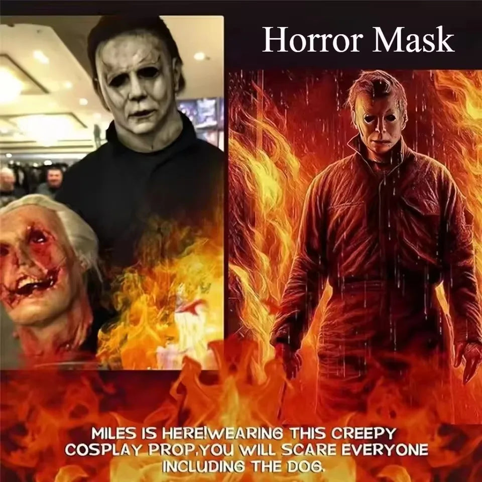 A collage featuring a horror mask and a person in a costume, with text encouraging people to scare others.