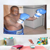 A large decorative boxing flag wall tapestry featuring a muscular man wearing blue boxing gloves.