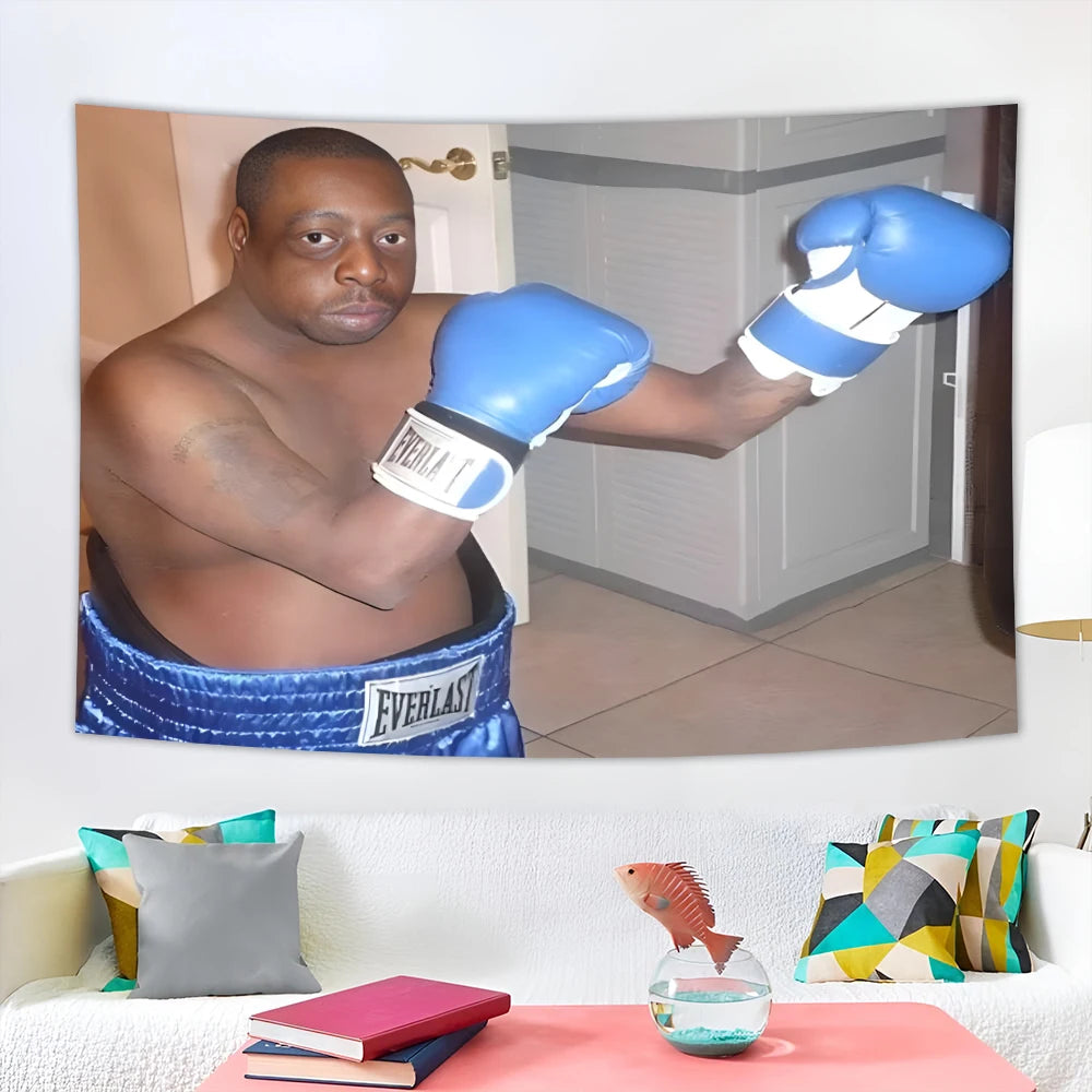 A large decorative boxing flag wall tapestry featuring a muscular man wearing blue boxing gloves.