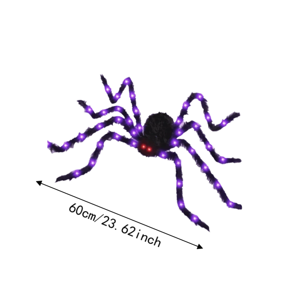 An LED light-up furry Halloween spider decoration with a purple glow.