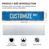 A blue aluminum plate with the text CUSTOMIZE WAY and a rectangular white metal sign shown next to icons detailing its featur