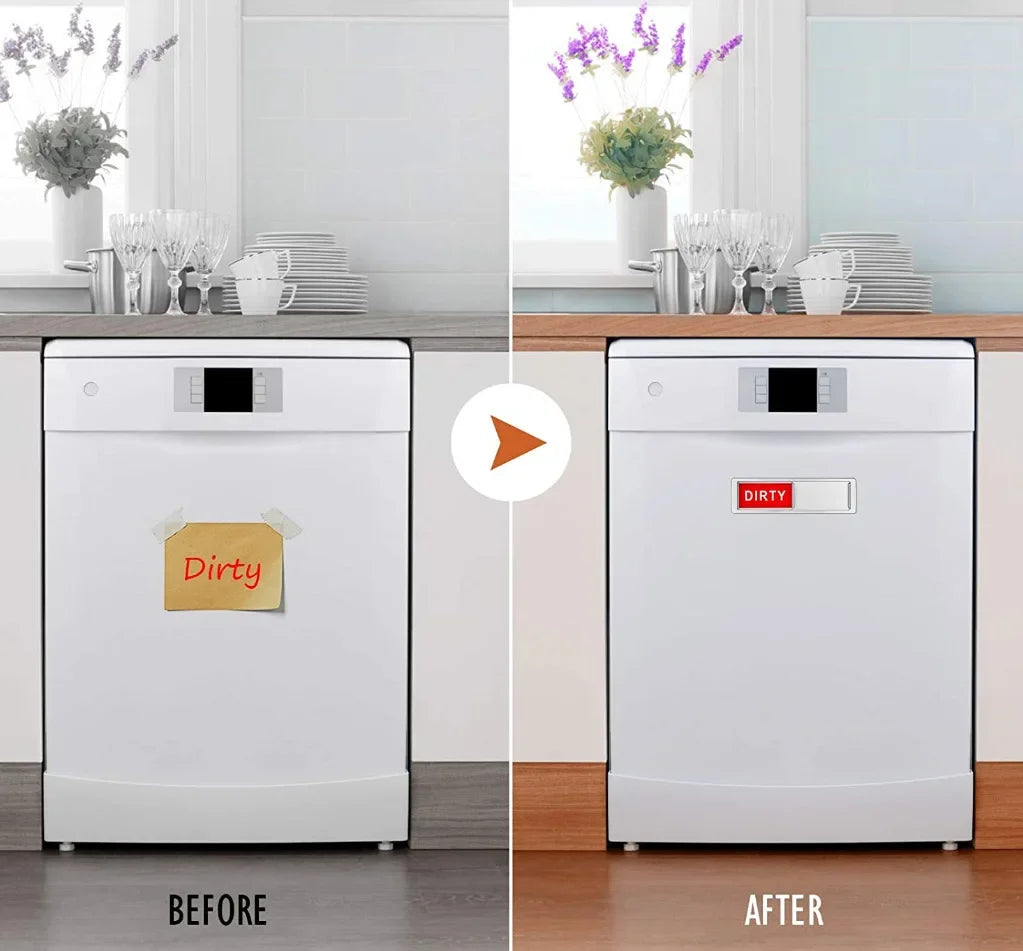 Before and after comparison of a dishwasher magnet sign showing dirty and clean states.