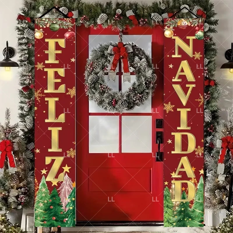 A festive red door banner decorated with Christmas wreaths, gold stars, and evergreen foliage.