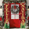 A festive red door banner decorated with Christmas wreaths, gold stars, and evergreen foliage.