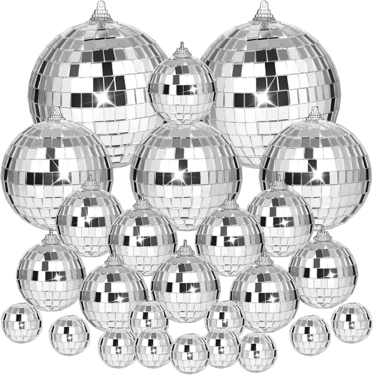 A collection of silver mirror balls with hanging hooks.