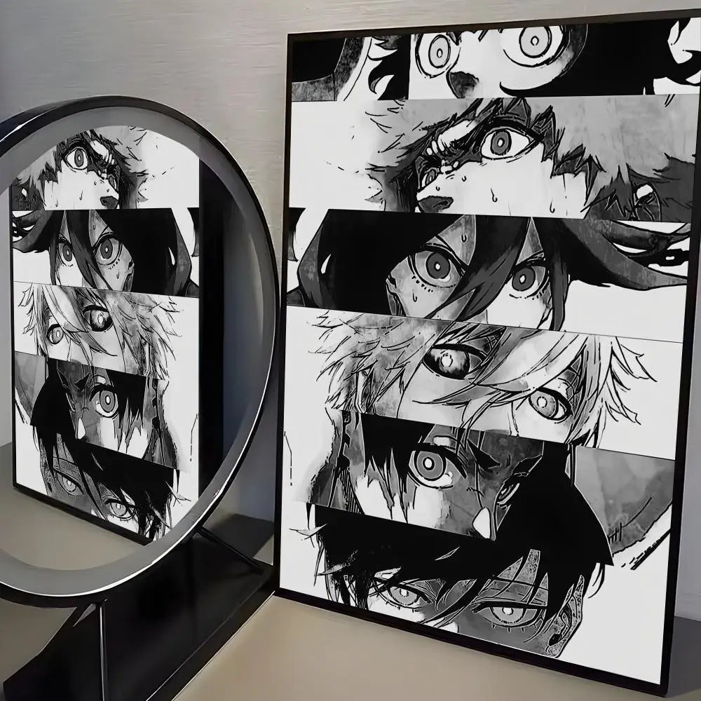 A canvas print featuring multiple intense anime-style eyes in black and white tones.