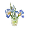 Hand-blown glass flower bouquet with a mini vase featuring blue and gold flowers.