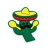 A green cactus shaped charm with a yellow flower and black mustache detail.