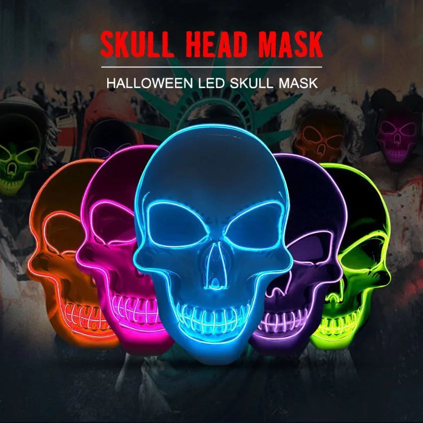 A collection of glowing LED skull masks in various colors displayed against a dark background.