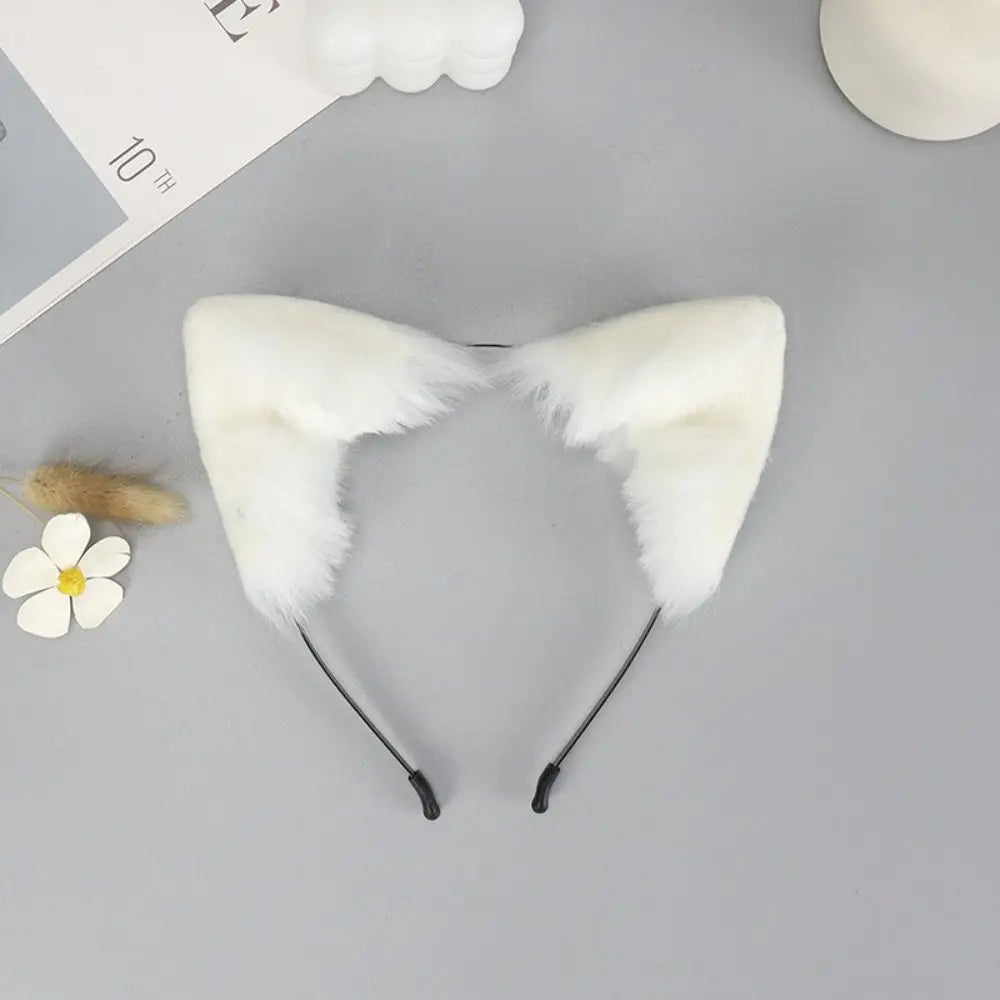 White plush fox ears headband with black nose bridge and ear straps
