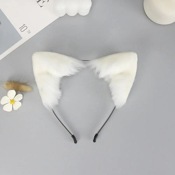 White plush fox ears headband with black nose bridge and ear straps