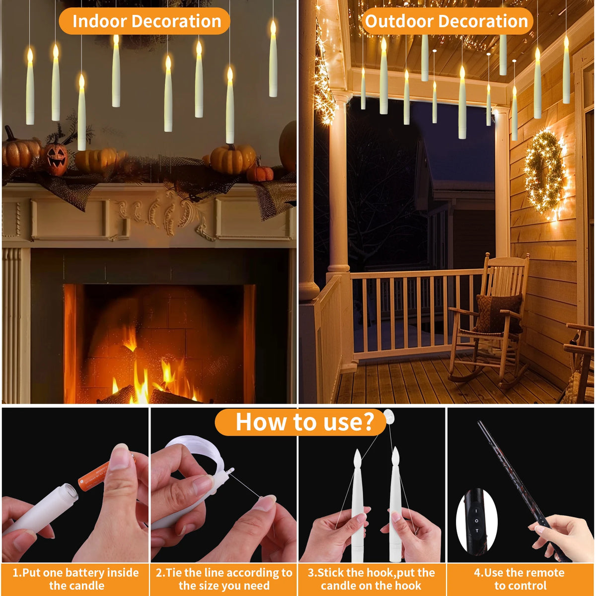 Flameless floating candles with a magic wand remote shown in indoor and outdoor settings, along with instructions for use.