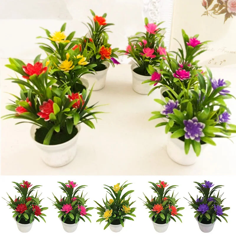 A collection of artificial lotus flowers in various colors like red, yellow, pink, and purple displayed in white pots.