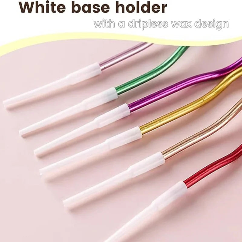 A set of six white base holders with a dripless wax design for birthday candles.