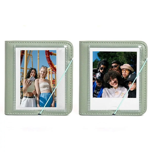 A light green PU leather photo album with a clear window displaying a group photo of people.