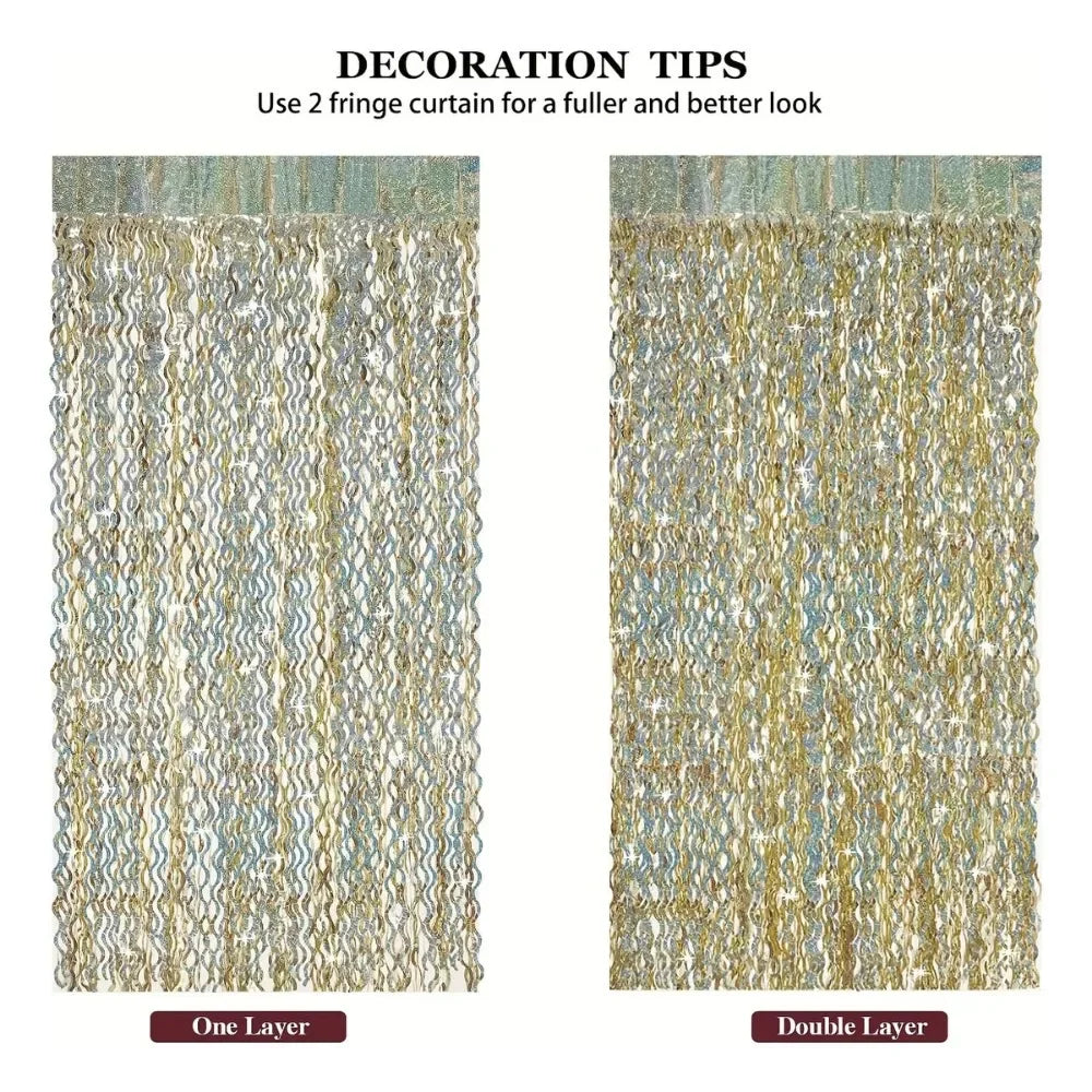 Comparison of a single layer and double layer gold laser wavy foil fringe curtain decor.