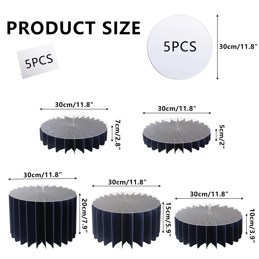 A set of five black folding dessert table cupcake display stands shown in various sizes and angles.