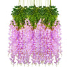 A hanging silk wisteria vine garland featuring purple and pink flowers for weddings and home decor.