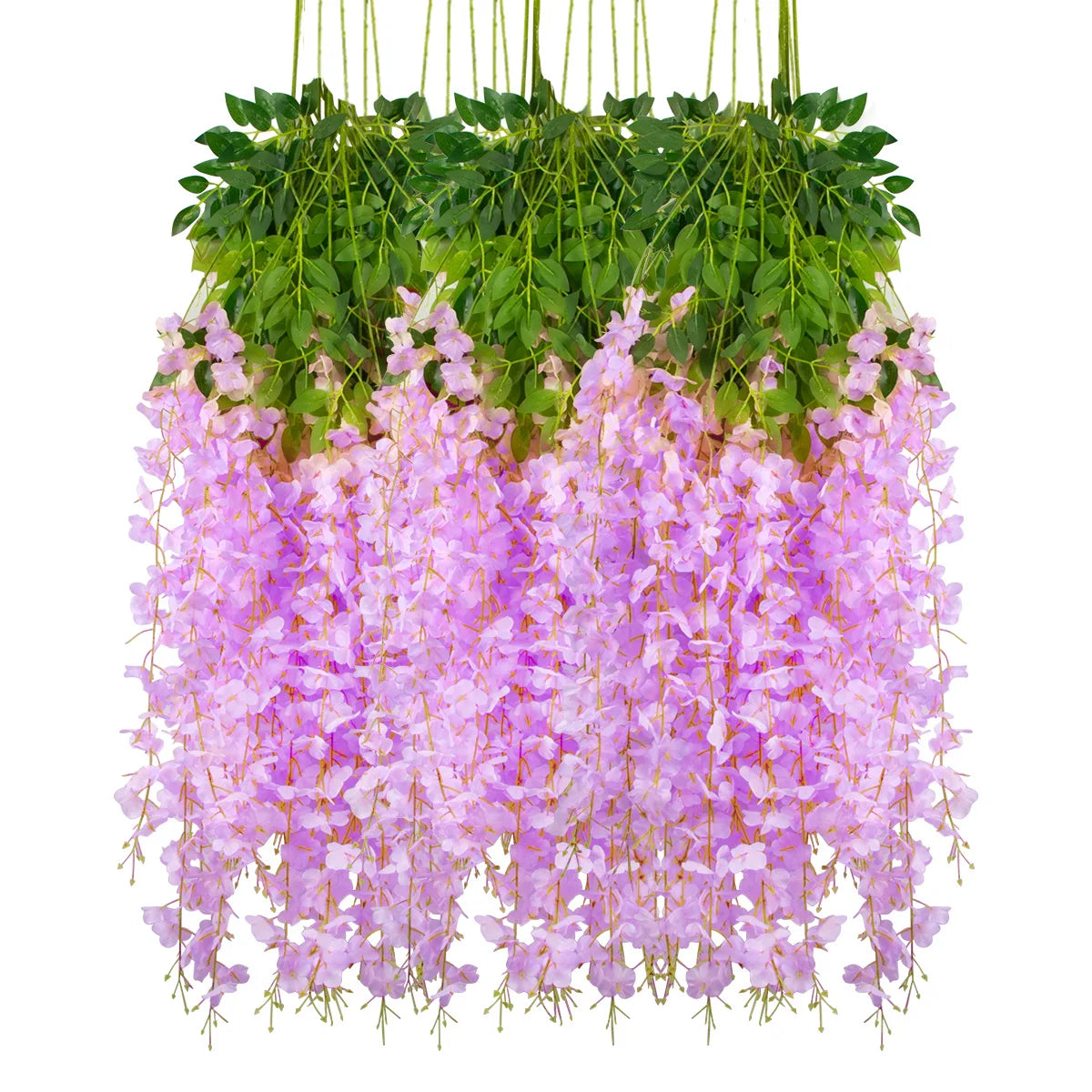 A hanging silk wisteria vine garland featuring purple and pink flowers for weddings and home decor.