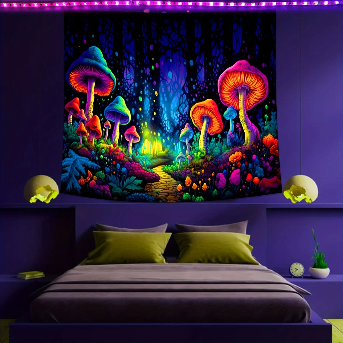 A vibrant tapestry featuring glowing mushrooms and a forest scene with purple and blue lighting.