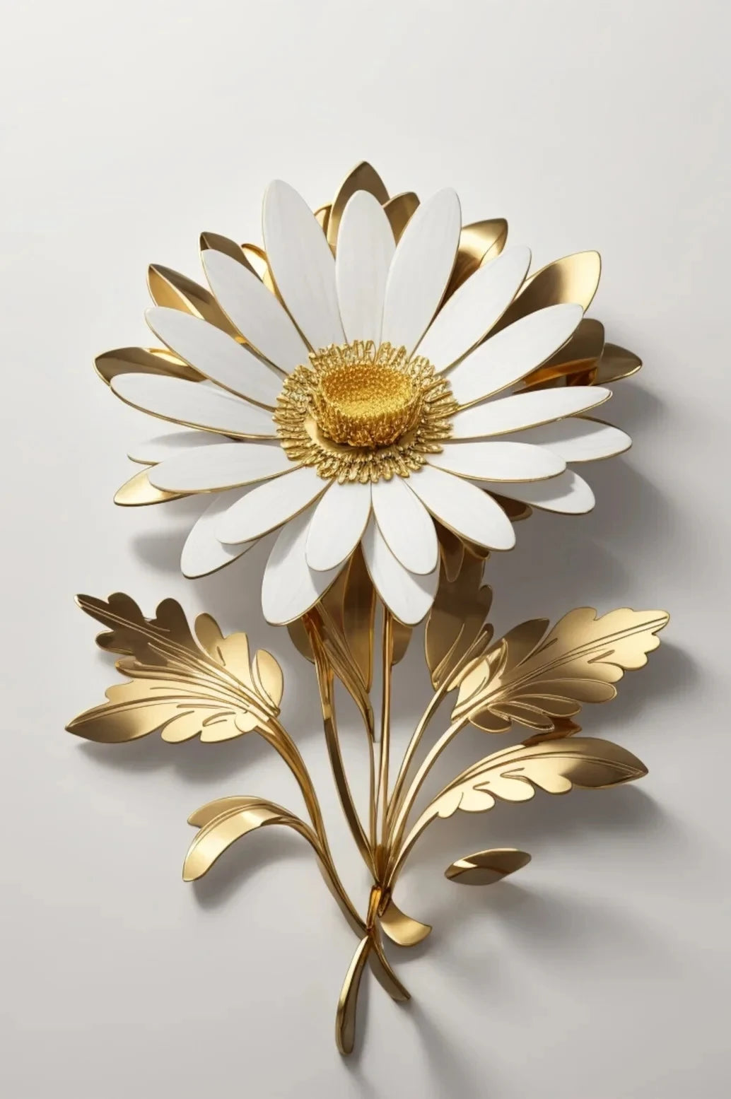 Arte de pared floral en lienzo con girasoles dorados y blancos, pétalos y hojas superpuestos