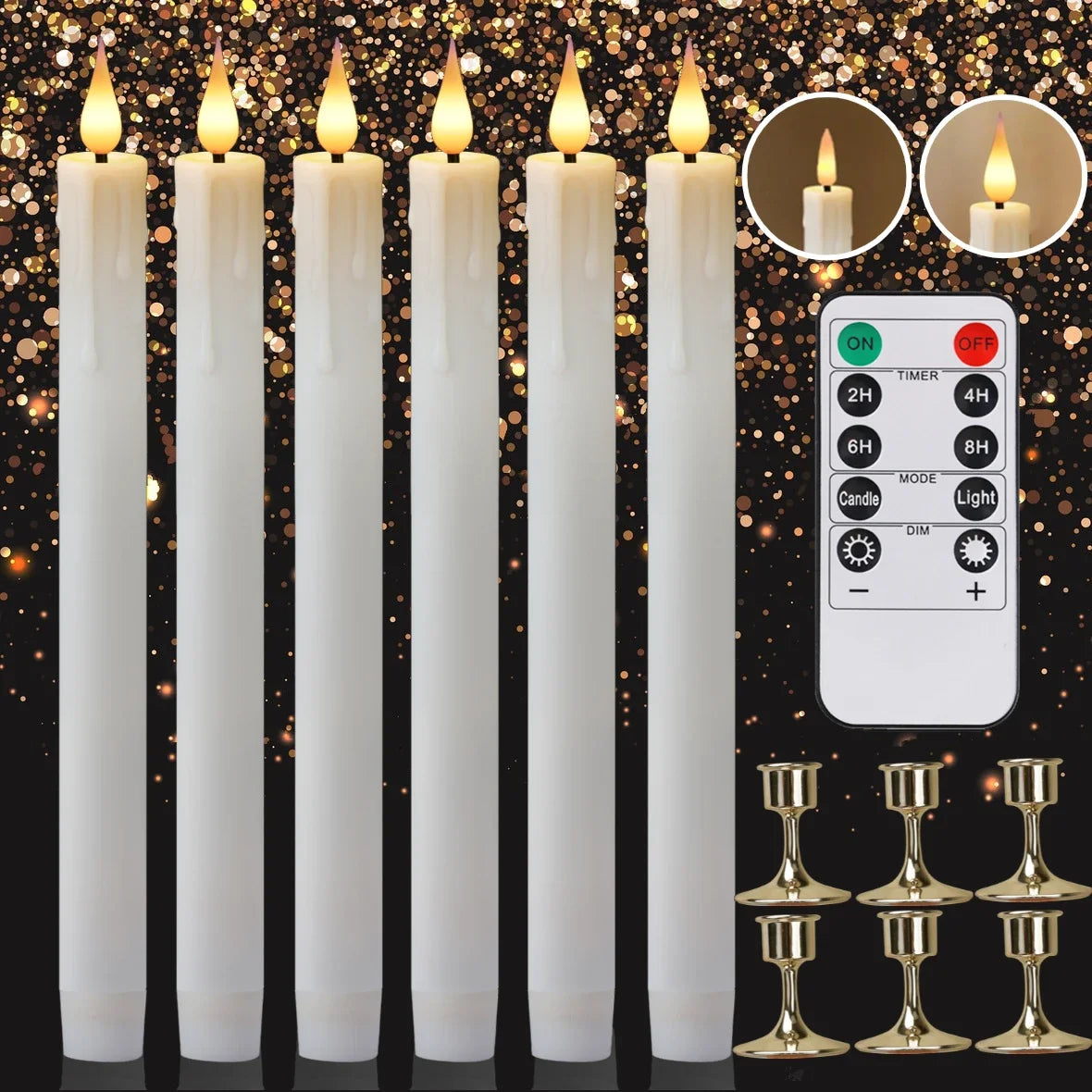 A set of white LED taper candles with a remote control and timer, shown next to candle holders.