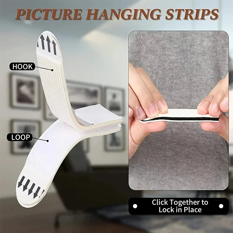 White picture hanging strips with hooks and loops shown being used to secure a picture on a gray surface.
