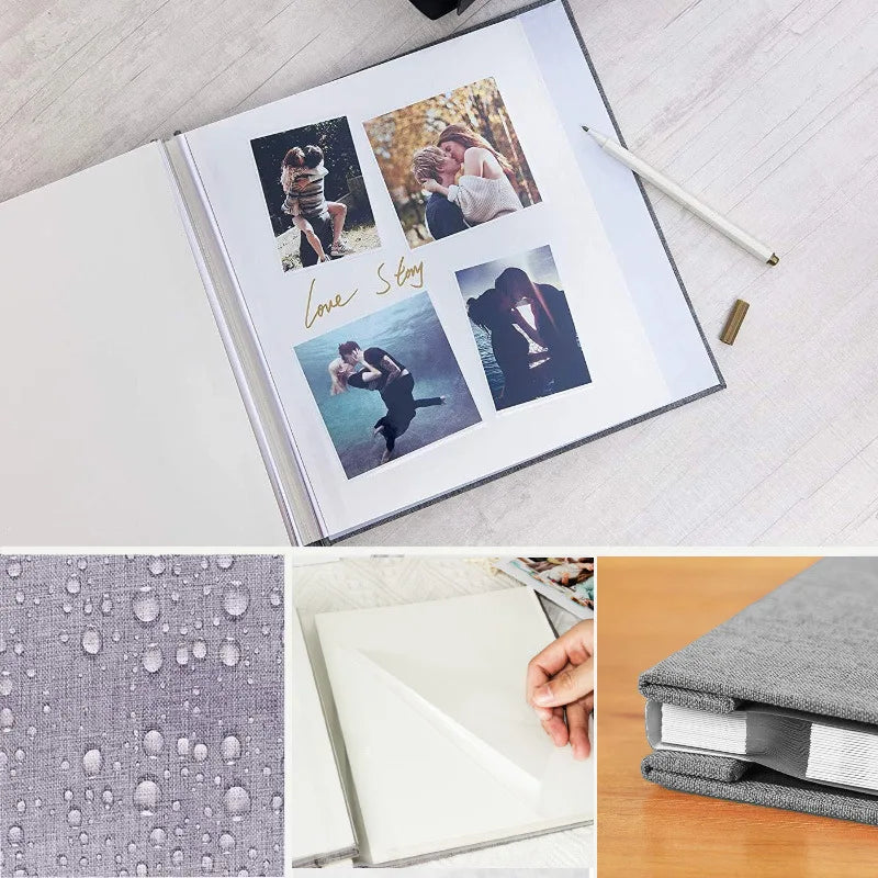 A linen front scrapbook memory book displaying photos of a couple and featuring a textured gray cover.