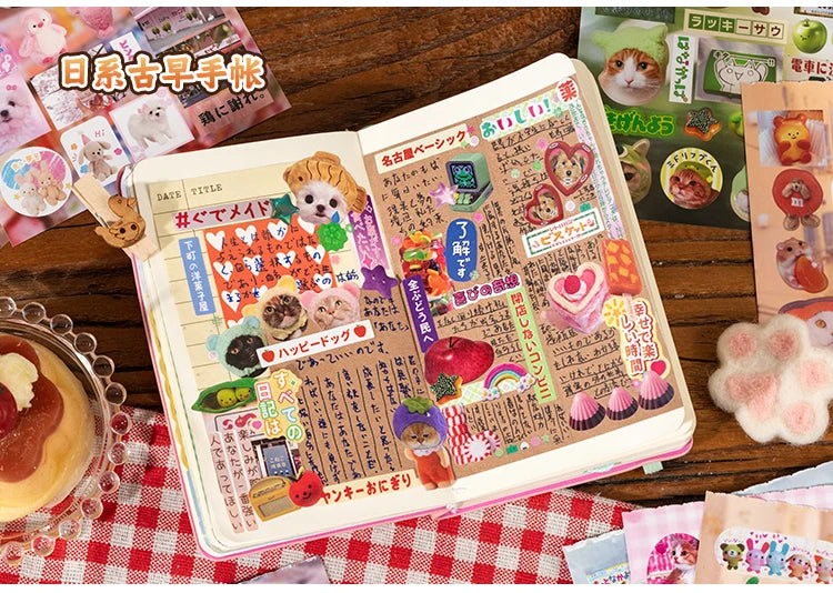 A page from a die cut sticker pack featuring retro cartoon pets and various illustrations for scrapbooking