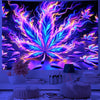 A vibrant neon cannabis leaf tapestry featuring purple and blue UV reactive light against a dark background.