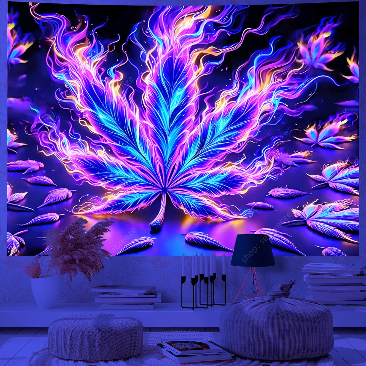 A vibrant neon cannabis leaf tapestry featuring purple and blue UV reactive light against a dark background.