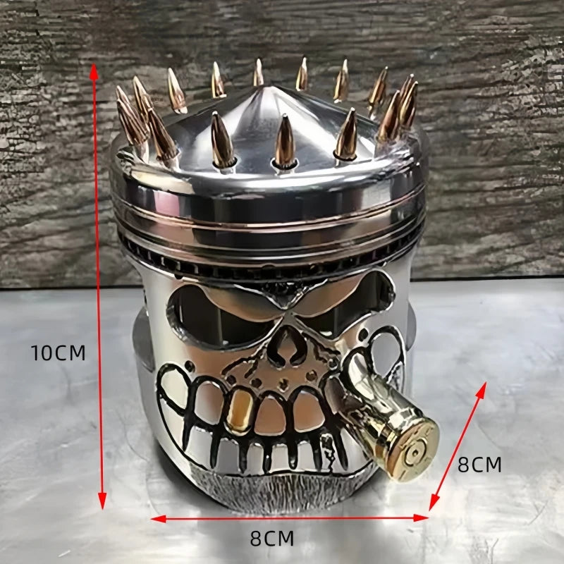 A silver mechanical punk style piston skull sculpture with spikes and detailed bone features.