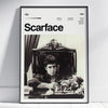 A framed black and white photograph of a man in a suit sitting at a table, titled Scarface.