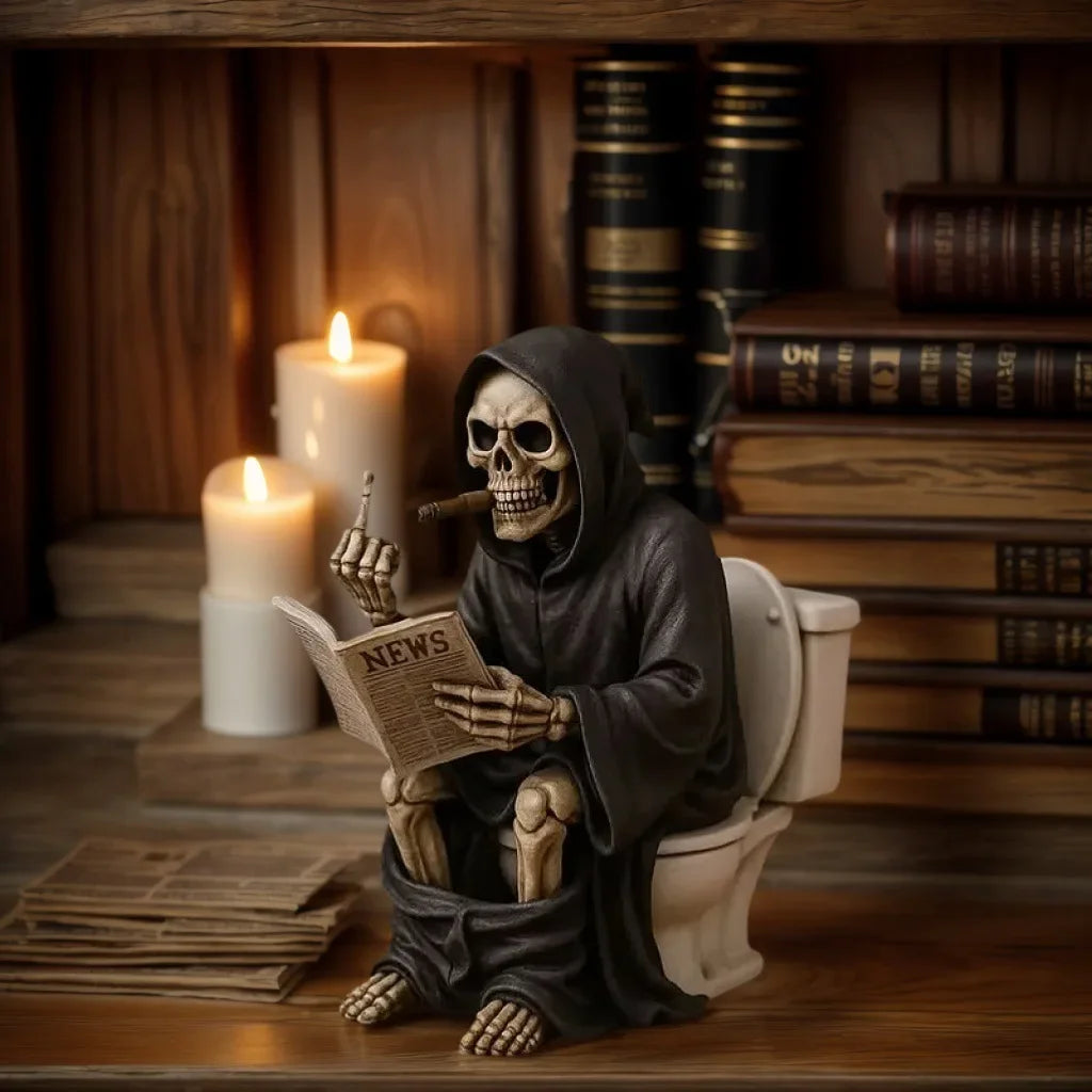 A dark resin statue of a hooded figure with a skull face holding a newspaper sits on a wooden shelf next to candles and old b